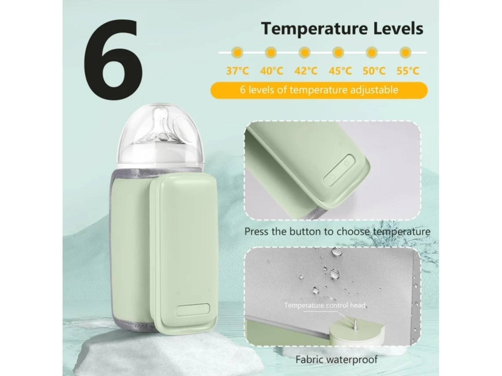 Ein grüner Flaschenwärmer mit Temperaturregelung und 6 Stufen.
