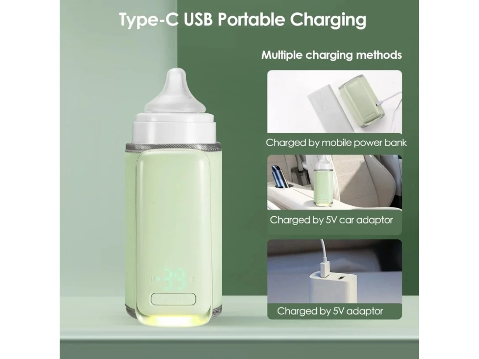 Eine grüne Babyflasche mit digitaler Anzeige, die über USB aufgeladen wird.