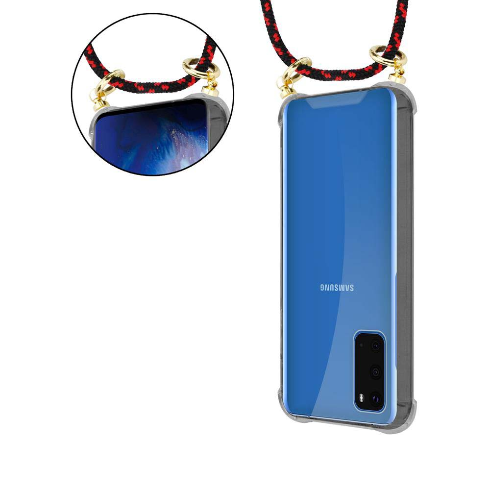 Uno smartphone blu in una custodia trasparente con laccetto.