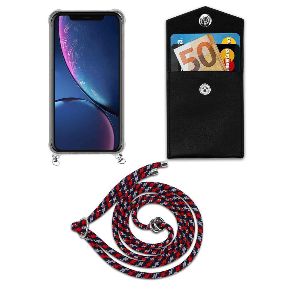 Uno smartphone in custodia con laccetto, accanto a una tasca nera con banconota da 50 euro.