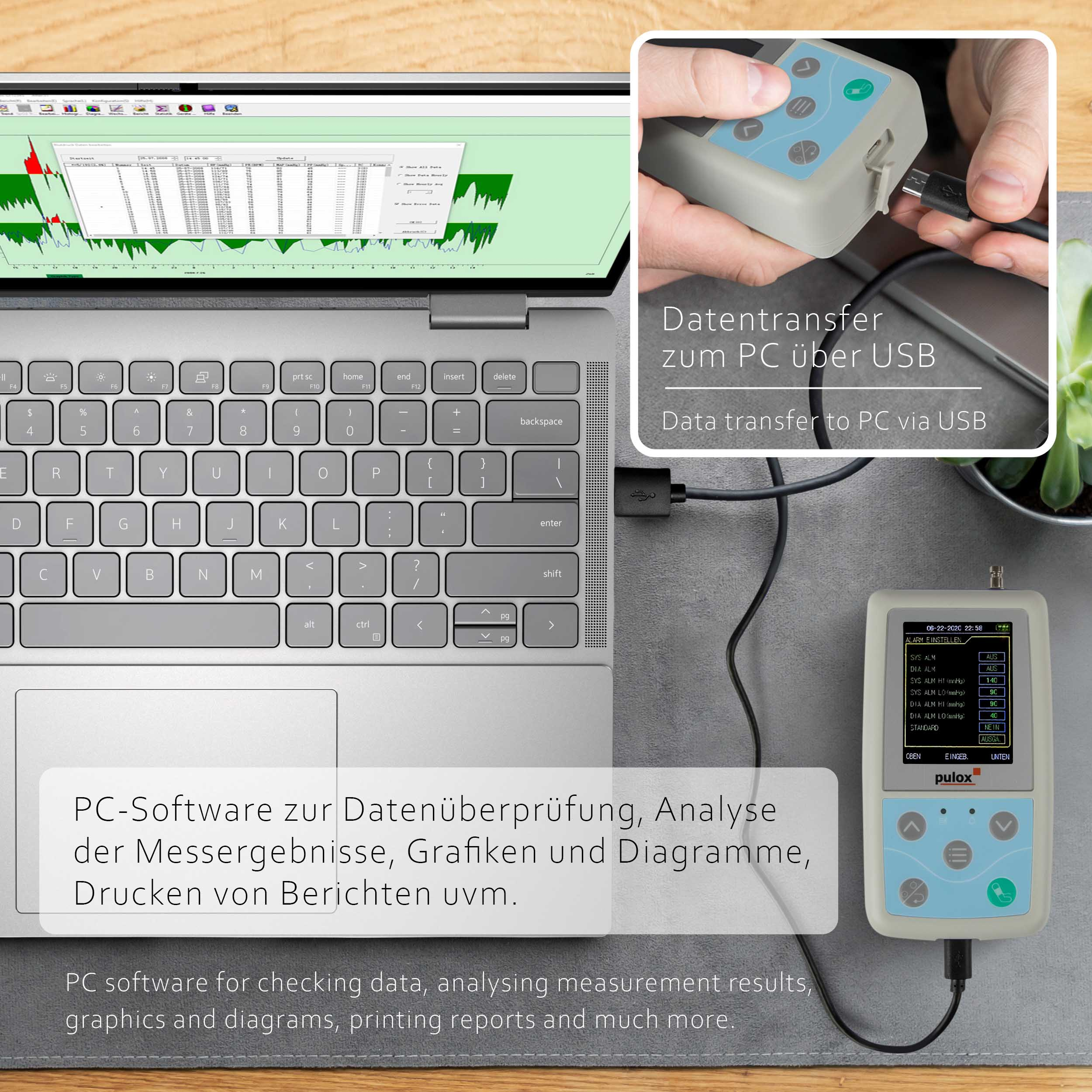 Ein Laptop zeigt Datenanalyse-Software. Ein Gerät wird per USB verbunden.