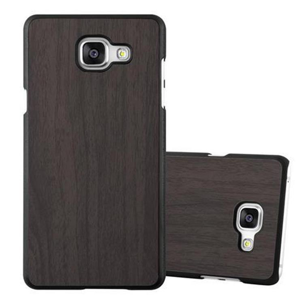 Funda de teléfono marrón oscura con textura de madera y recorte.