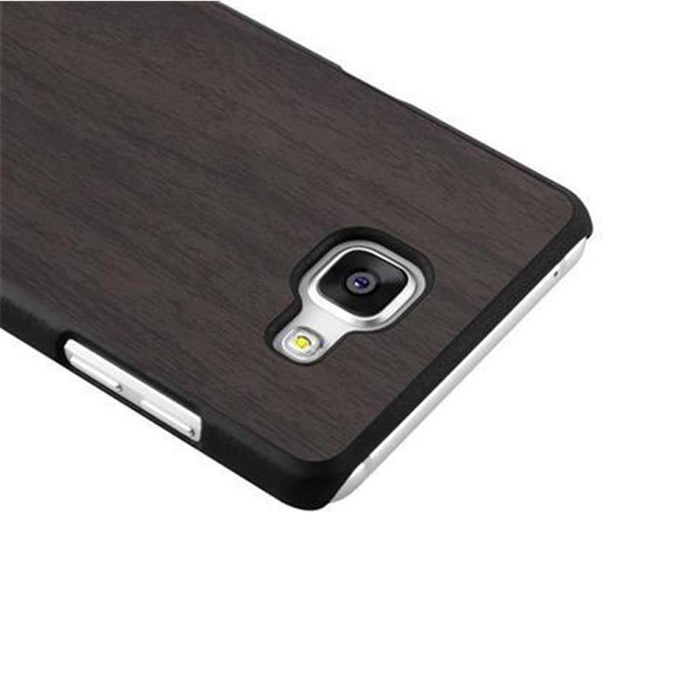 Funda de teléfono marrón oscura con veta de madera, cámara y flash.