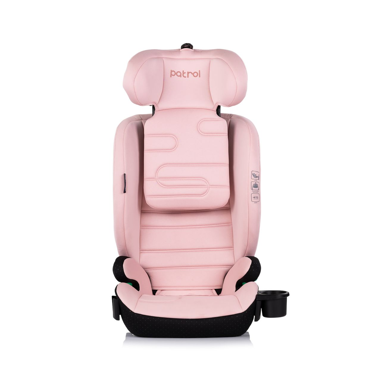 Ein rosafarbener Kindersitz mit Kopfstütze und Getränkehalter.