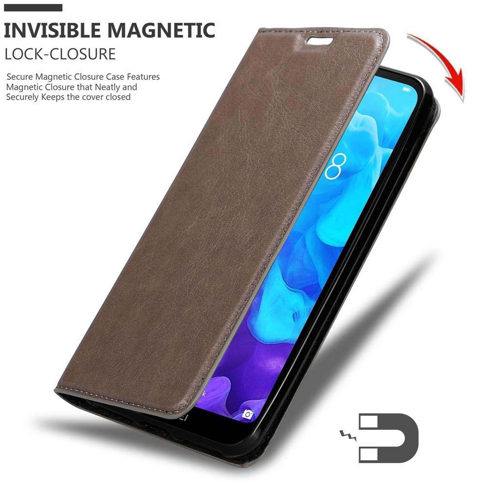Custodia a libro magnetica marrone per telefono, mostra schermo interno e testo.