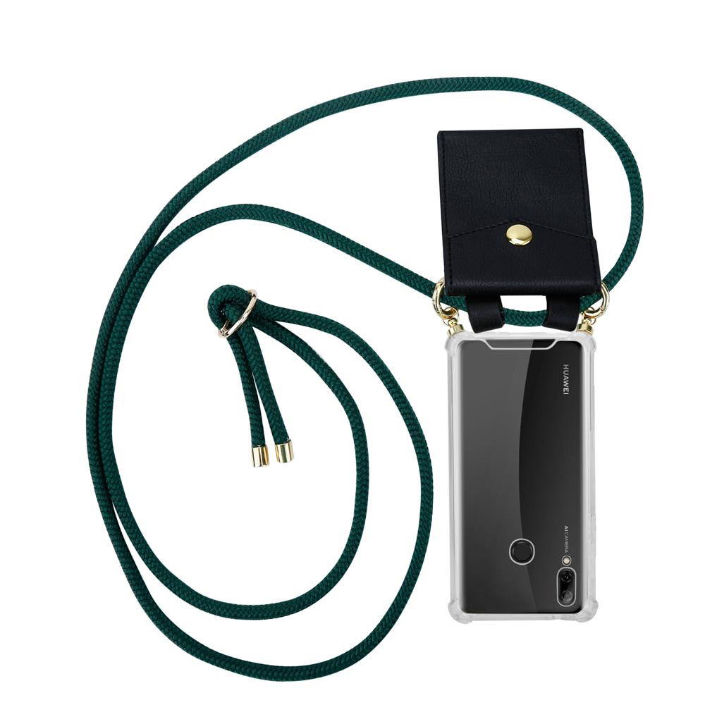 Un laccetto verde scuro con porta carte nero sopra una custodia trasparente.