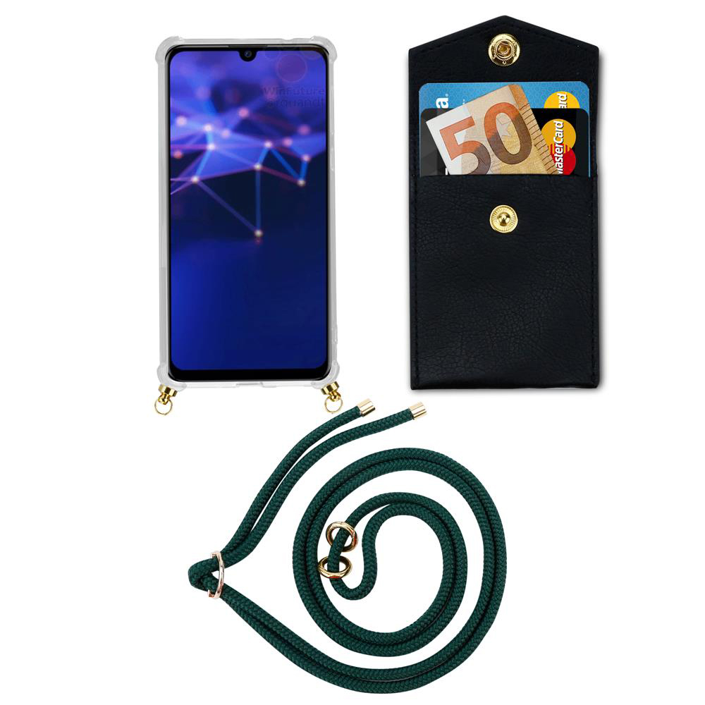 Smartphone in custodia, portafoglio con soldi e carta, corda verde.