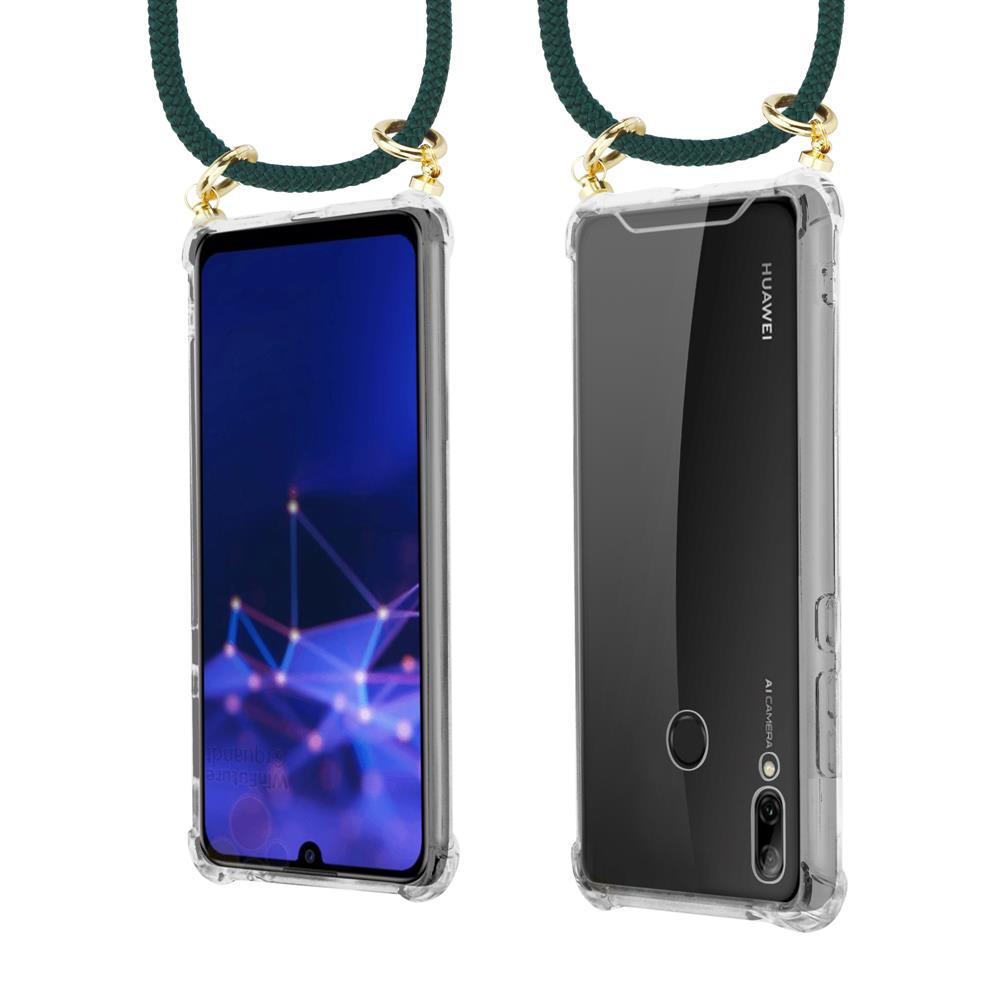 Una custodia trasparente per telefono con cordino, vista frontale e posteriore.