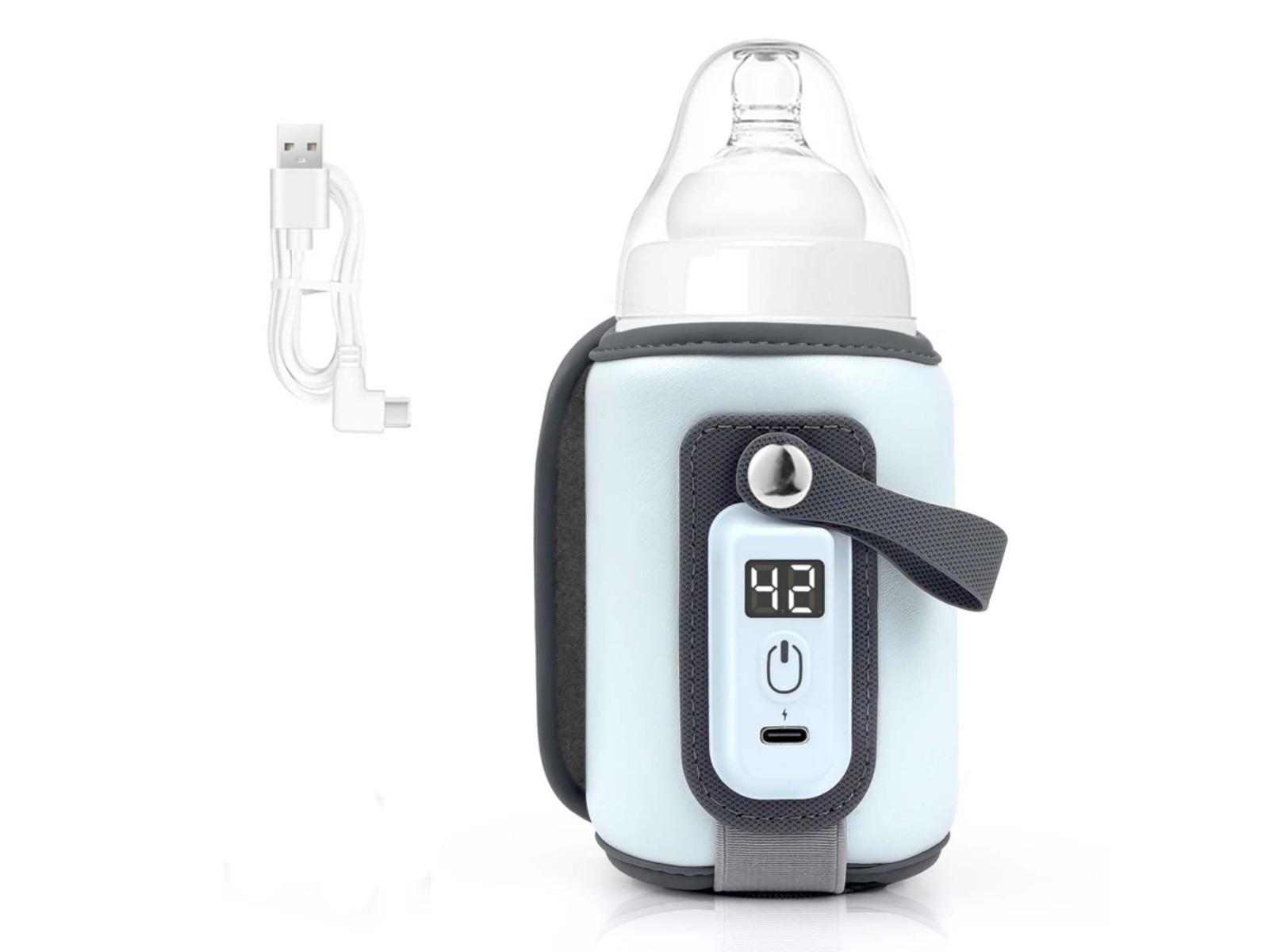 Ein Babyflaschenwärmer mit digitaler Anzeige und USB-Kabel.