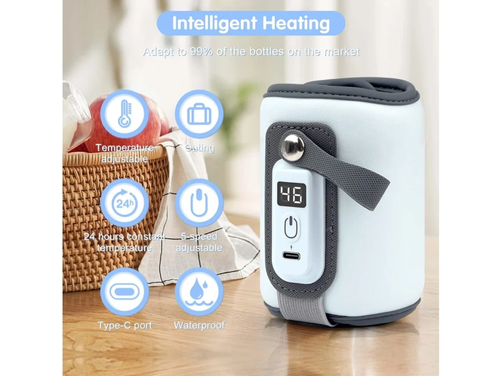 Intelligenter Flaschenwärmer mit digitaler Anzeige und USB-C-Anschluss.