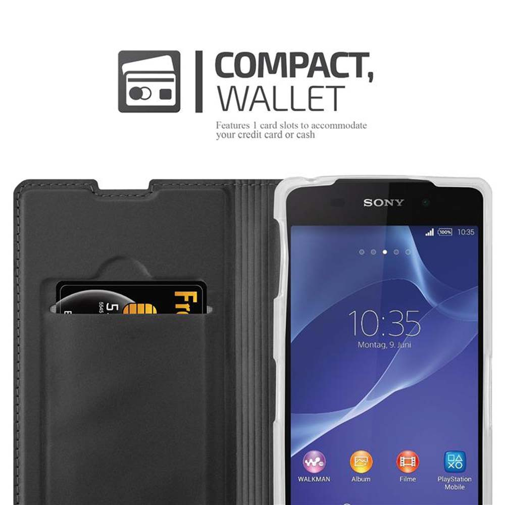 Un smartphone en una funda tipo cartera negra con una tarjeta.