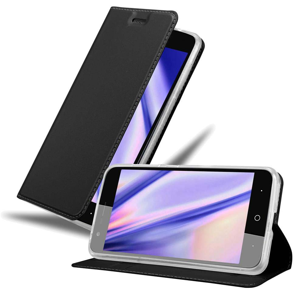 Se muestra una funda tipo libro negra para un smartphone.