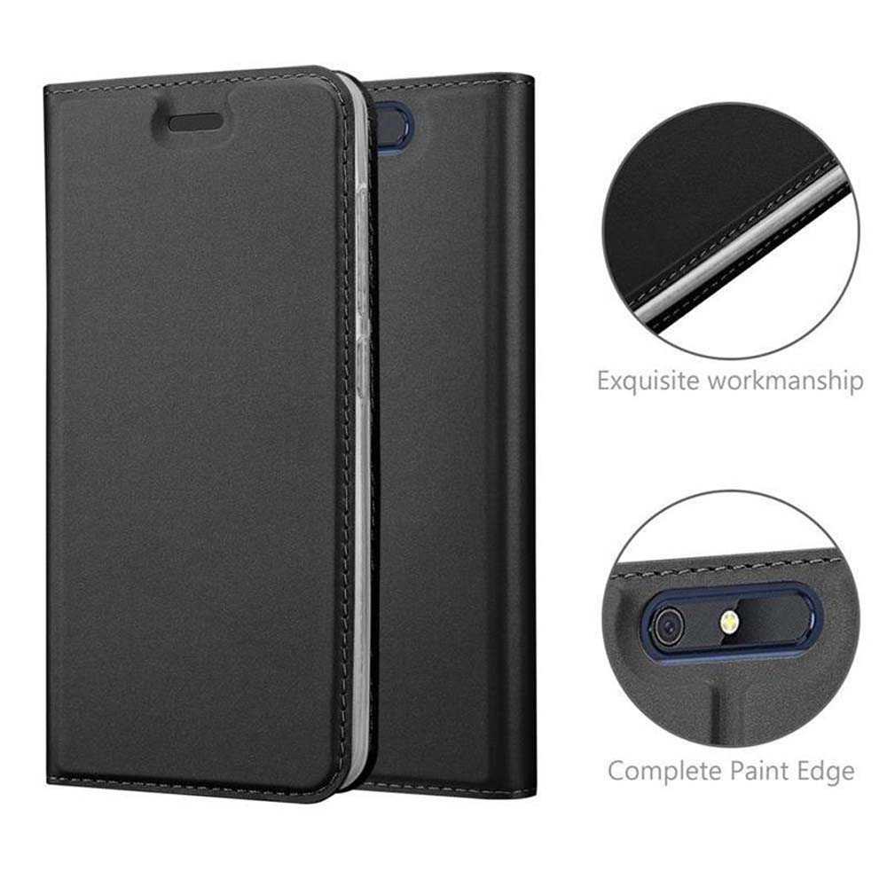 Funda negra para teléfono con tapa y primeros planos de bordes y recorte de cámara.