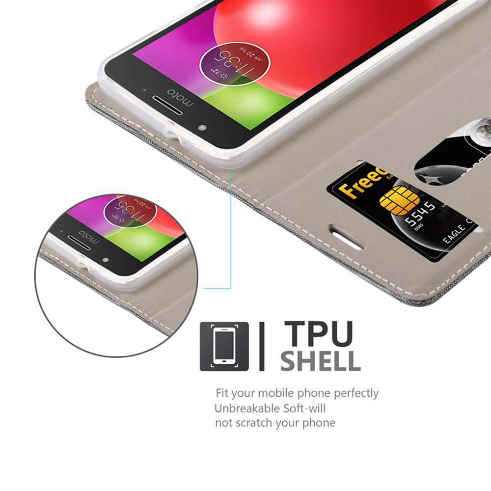 Un telefono in una custodia a portafoglio marrone con slot per carte.