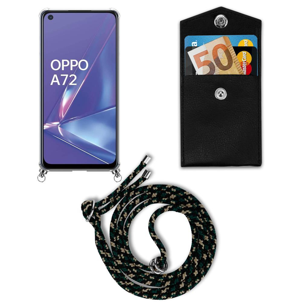 OPPO A72 Smartphone mit schwarzer Tasche, 50-Euro-Schein und Trageband.