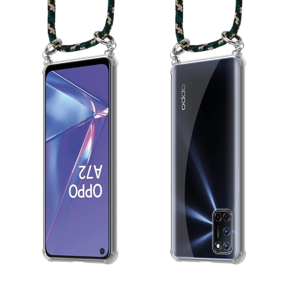 OPPO A72 Smartphone: Vorder- und Rückseite in transparentem Gehäuse mit Lanyard.