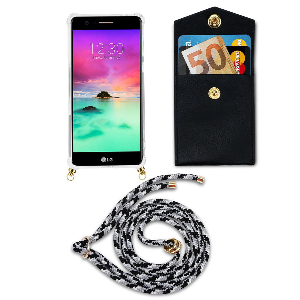 LG Smartphone im transparenten Case mit Umhängeband, daneben eine schwarze Tasche mit Geldschein und Karten.