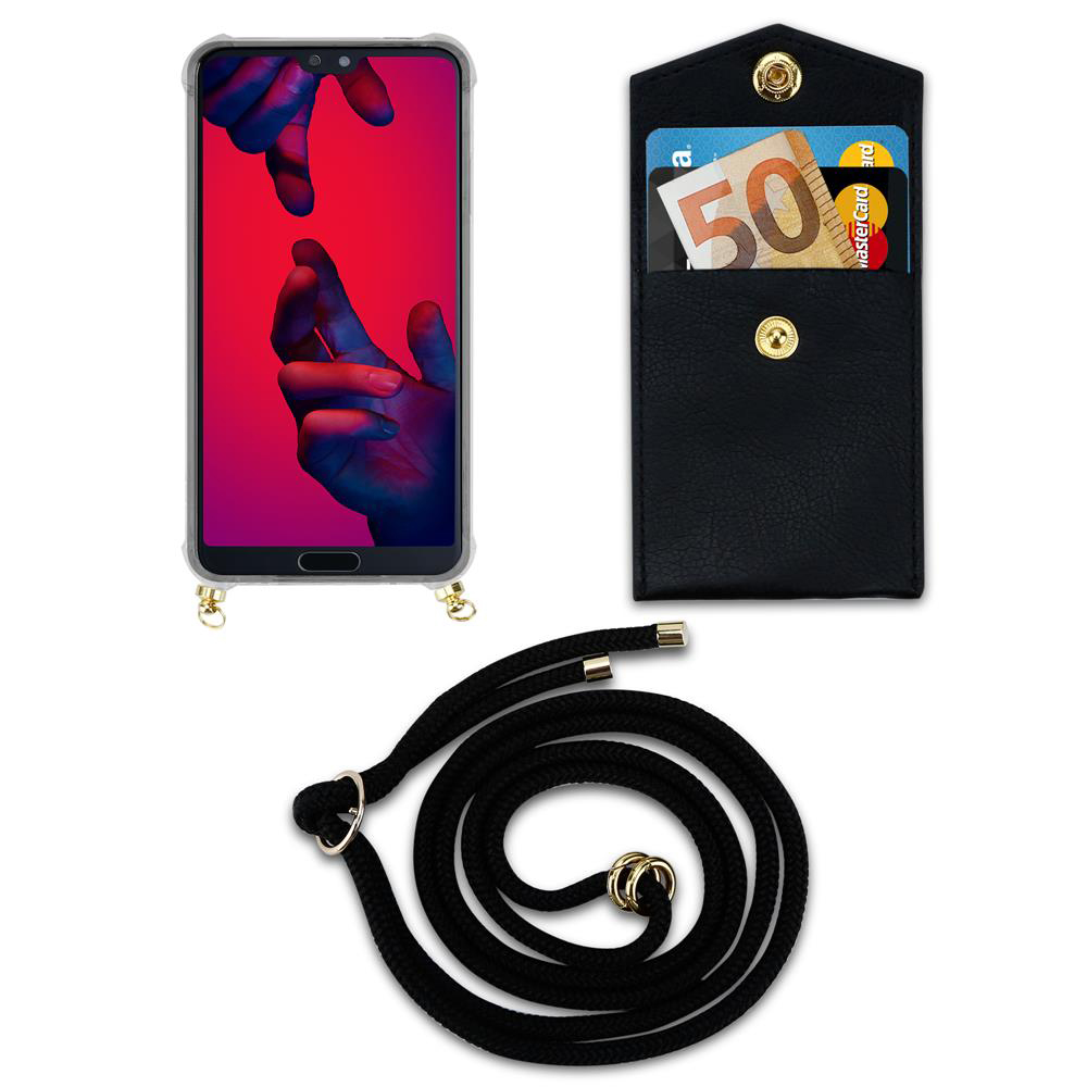 Smartphone in custodia trasparente, portafoglio nero con soldi e carte, laccetto nero.