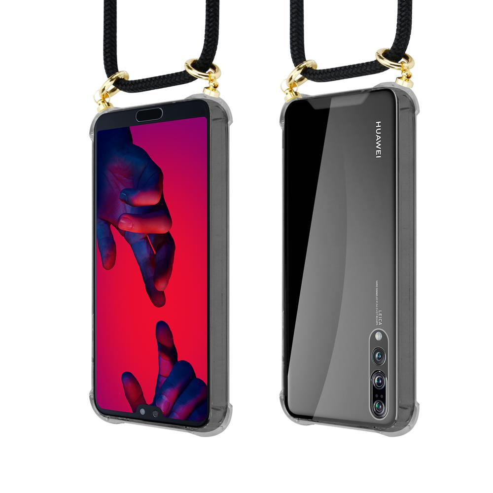 Due smartphone Huawei in custodie con cordini, uno con schermo rosso.