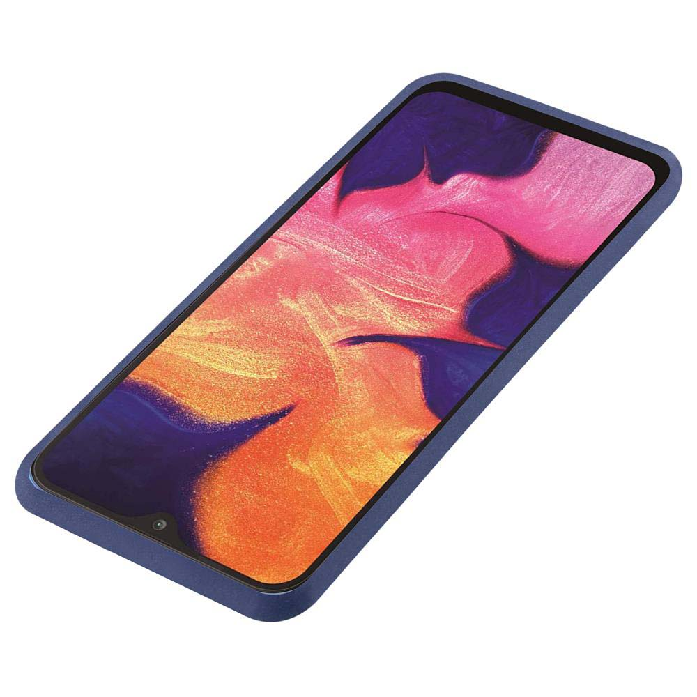 Un telefono blu con uno sfondo colorato.