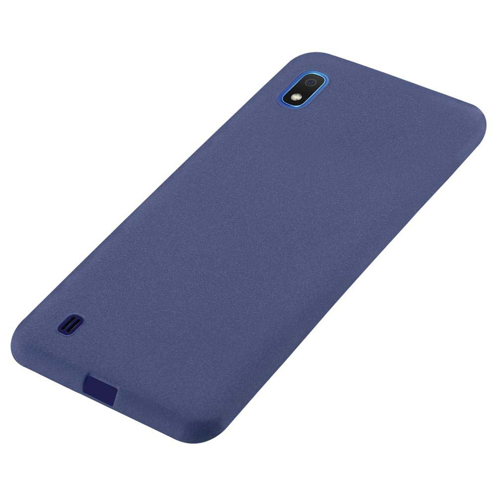 Una cover per telefono blu con apertura fotocamera in alto a destra.