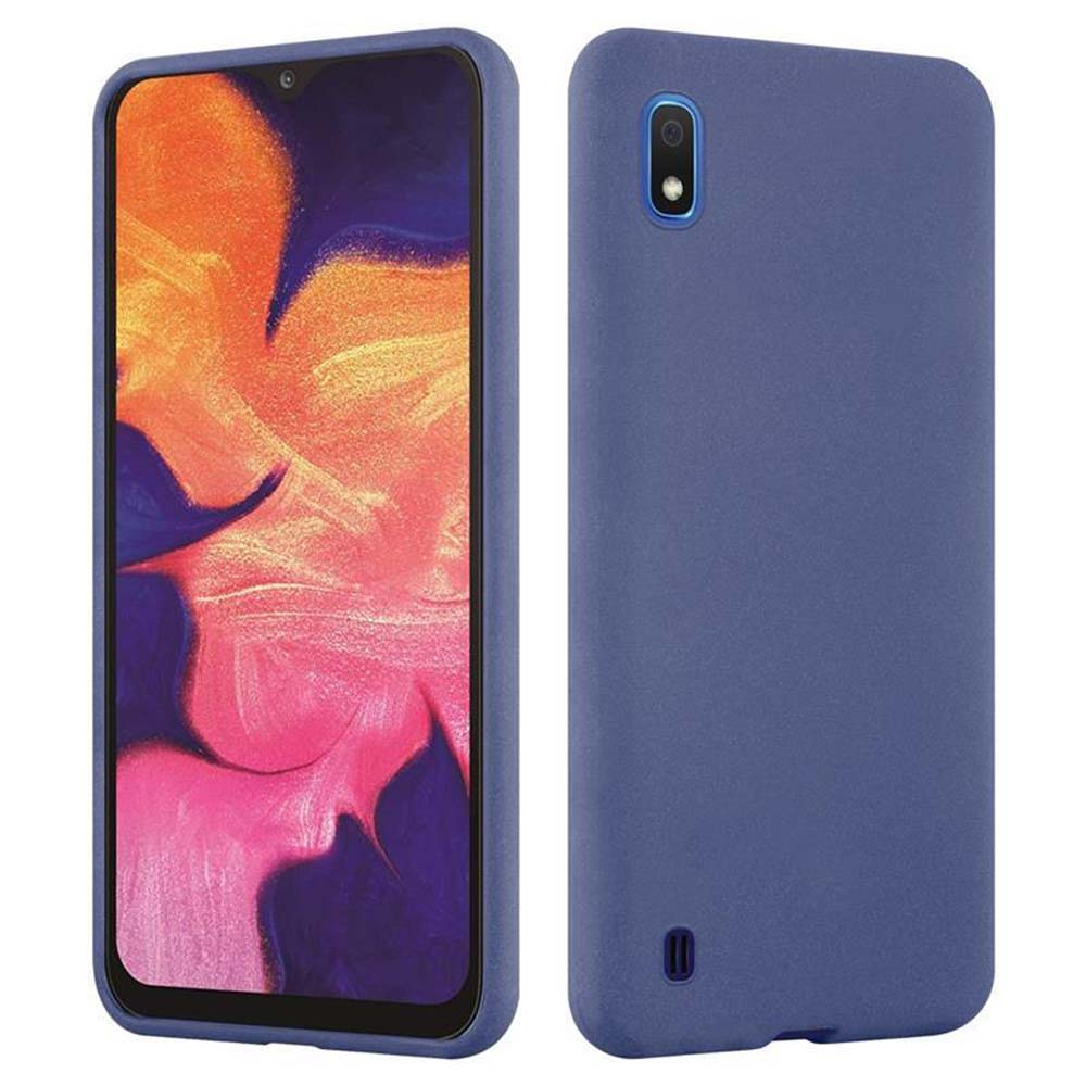 Custodia blu per telefono, vista frontale e posteriore. Schermo con arte astratta.