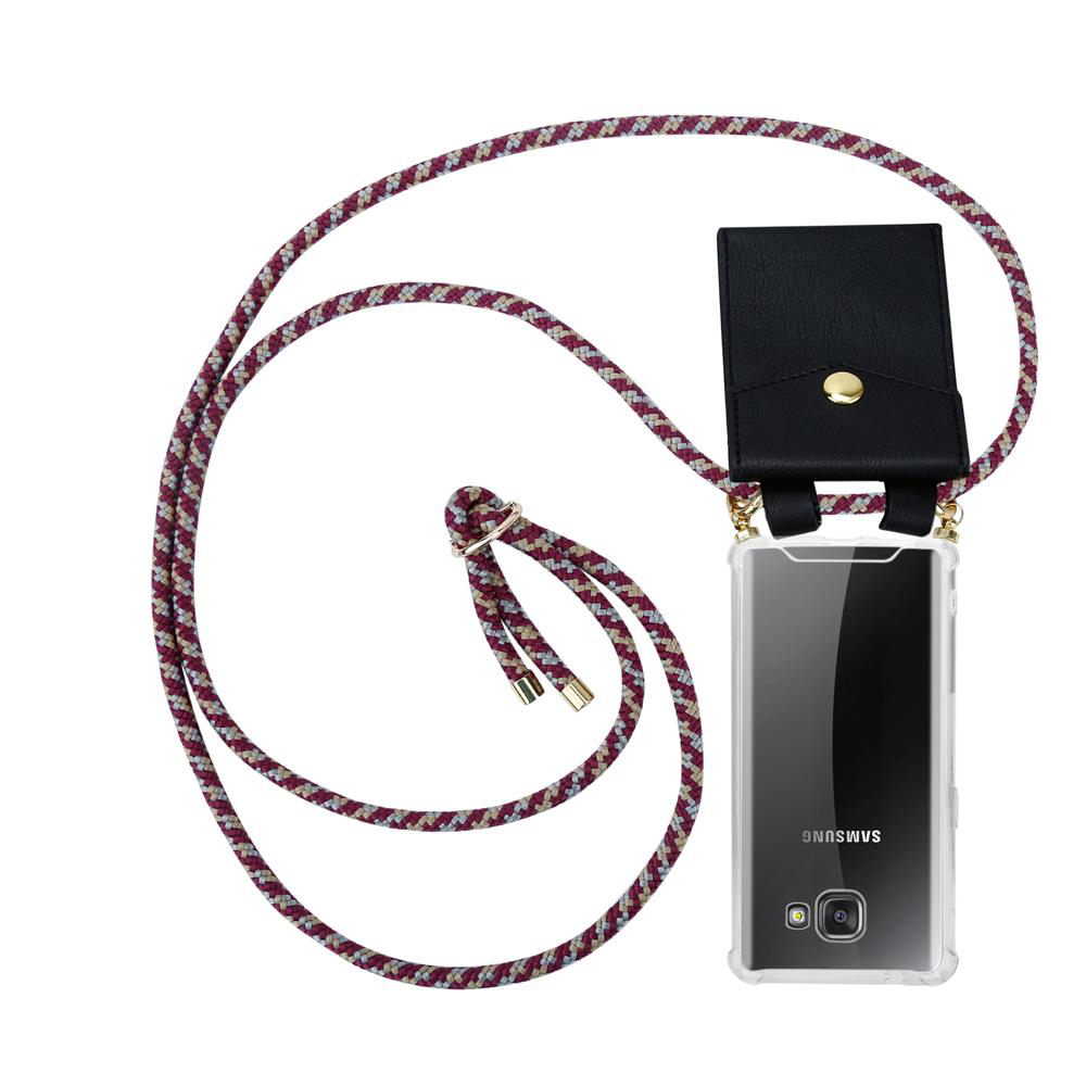 Una funda negra para teléfono con cordón y un pequeño bolsillo.