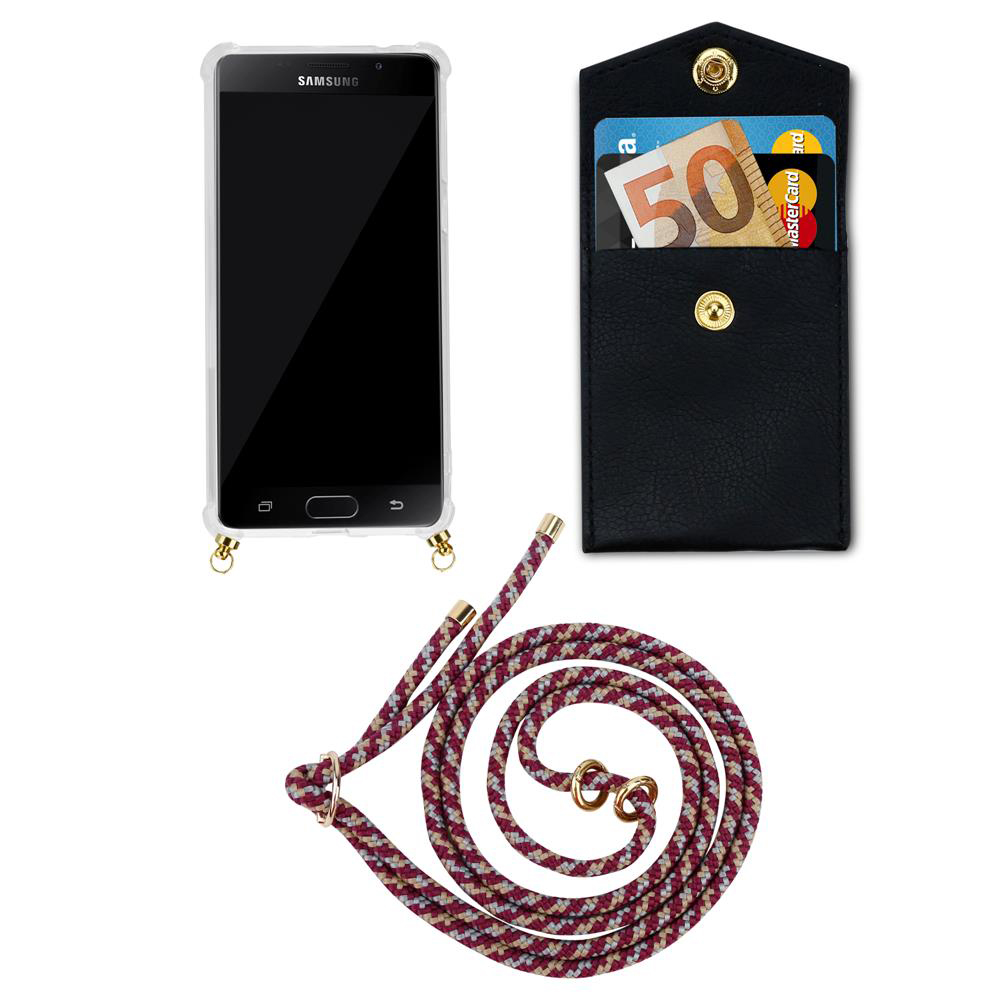Un teléfono Samsung en una funda, un tarjetero negro con dinero y tarjetas, y un cordón.