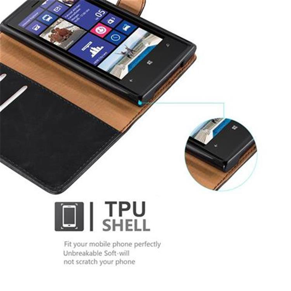 Uno smartphone in una custodia marrone e nera con vista ritagliata.