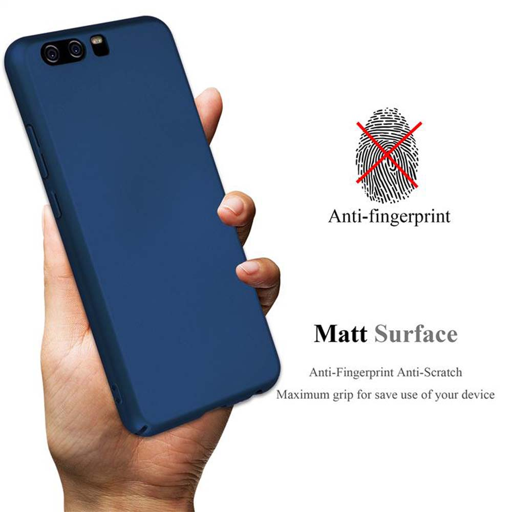 Blaue Handyhülle in der Hand, Anti-Fingerabdruck-Logo und Text.