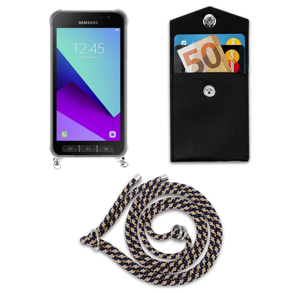 Smartphone Samsung con portafoglio e cordino su sfondo bianco.