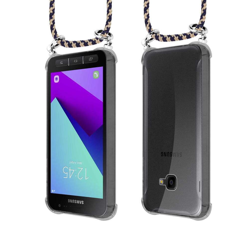 Vista frontale e posteriore di una custodia trasparente per telefono con Samsung all'interno, fissata a un cordino.
