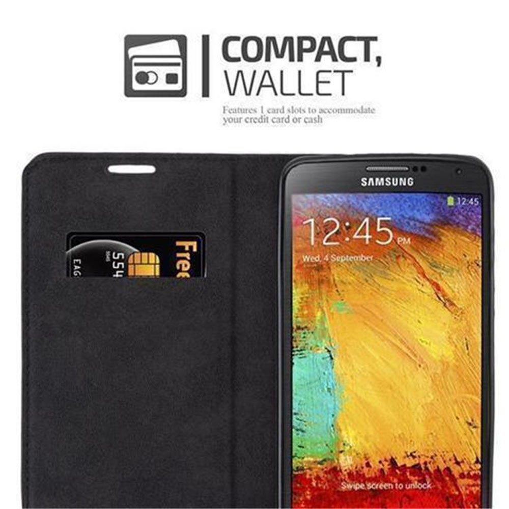 Schwarzes Wallet-Etui mit Samsung-Handy, das 12:45 Uhr anzeigt.