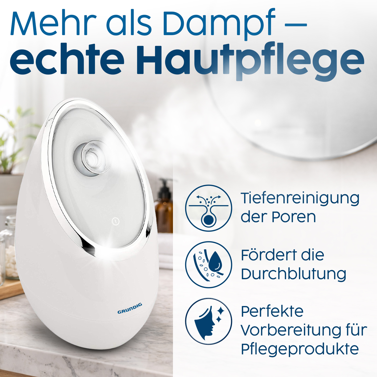 Ein weißer Gesichtsbedampfer von Grundig mit drei Symbolen, die Hautpflegevorteile hervorheben.