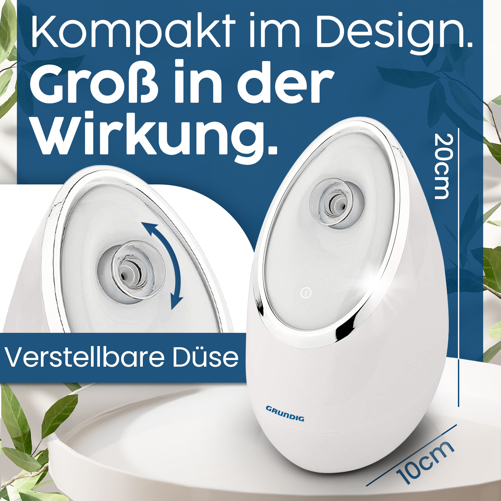 Ein weißer Verdampfer mit verstellbarer Düse, 20cm hoch und 10cm breit.