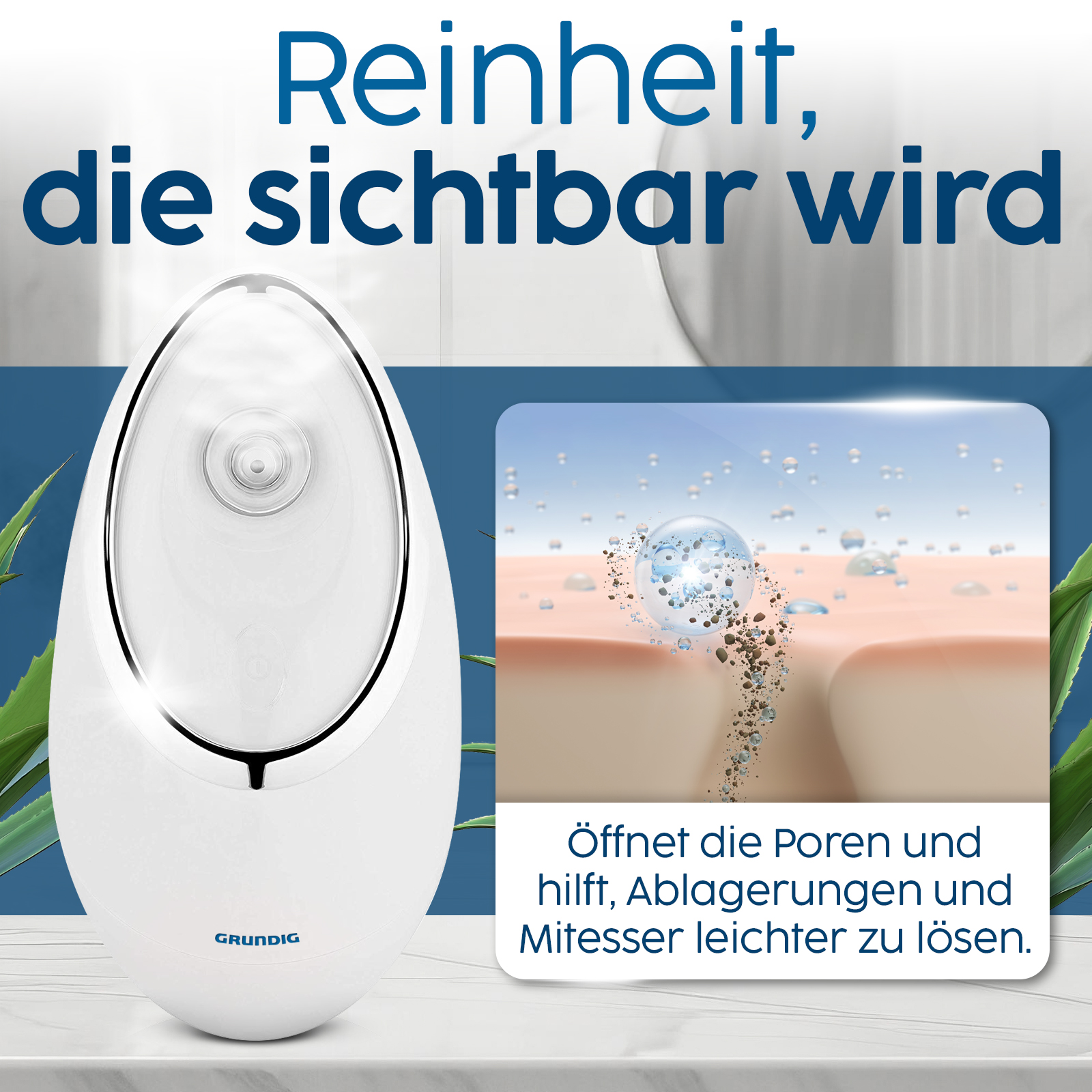 Ein weißer Grundig Gesichtssteamer gibt Dampf ab. Nahaufnahme von Hautporen.