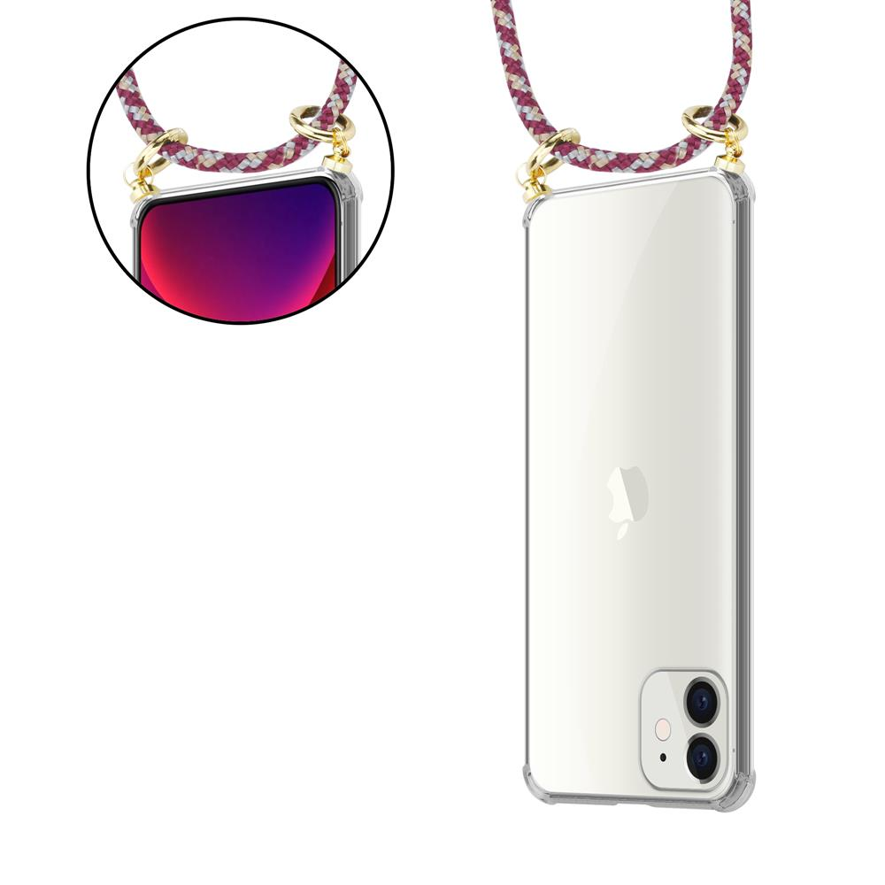 Uno smartphone in una custodia trasparente con un laccetto attaccato.