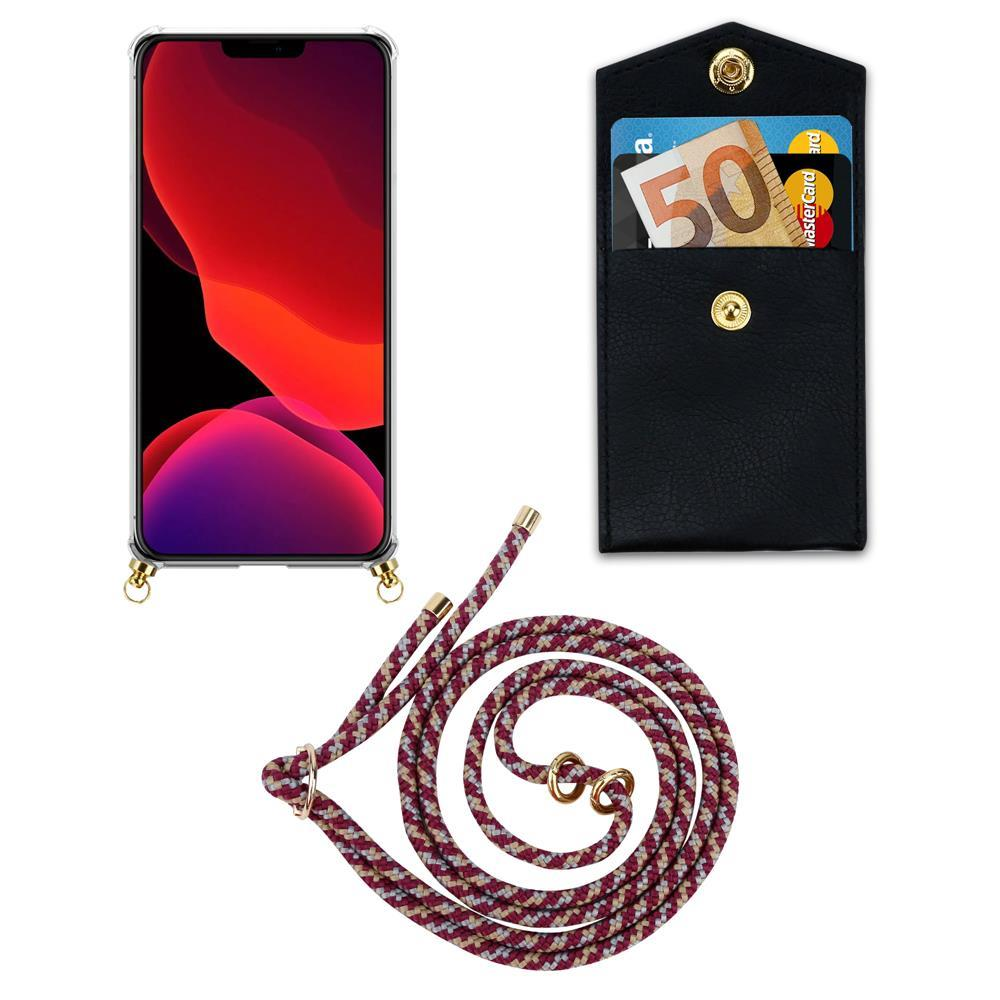 Uno smartphone in custodia, una tasca nera con soldi e carte, e un cordino.