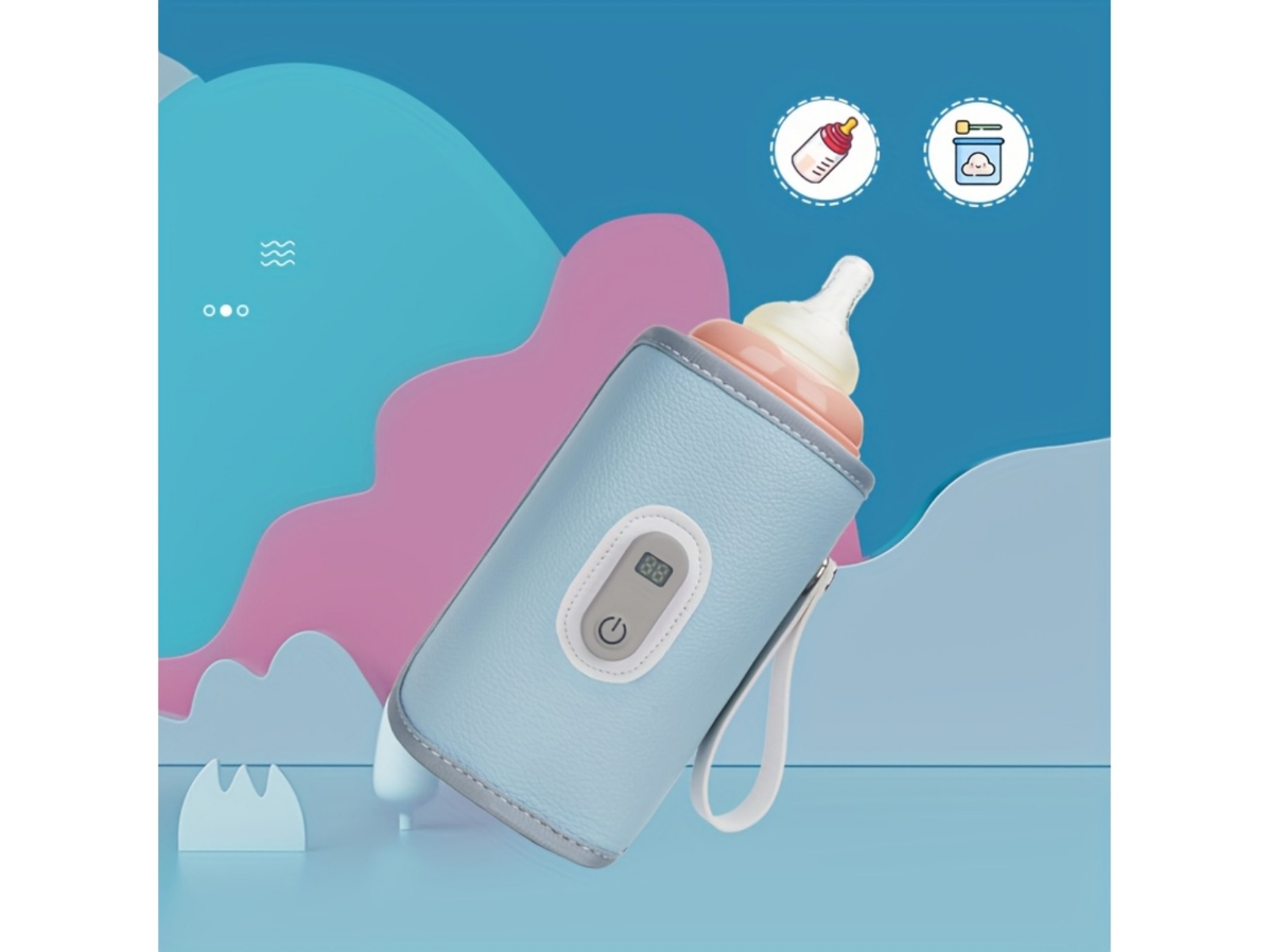Blaue Babyflaschen-Wärmertasche mit digitaler Anzeige und Tragegriff.