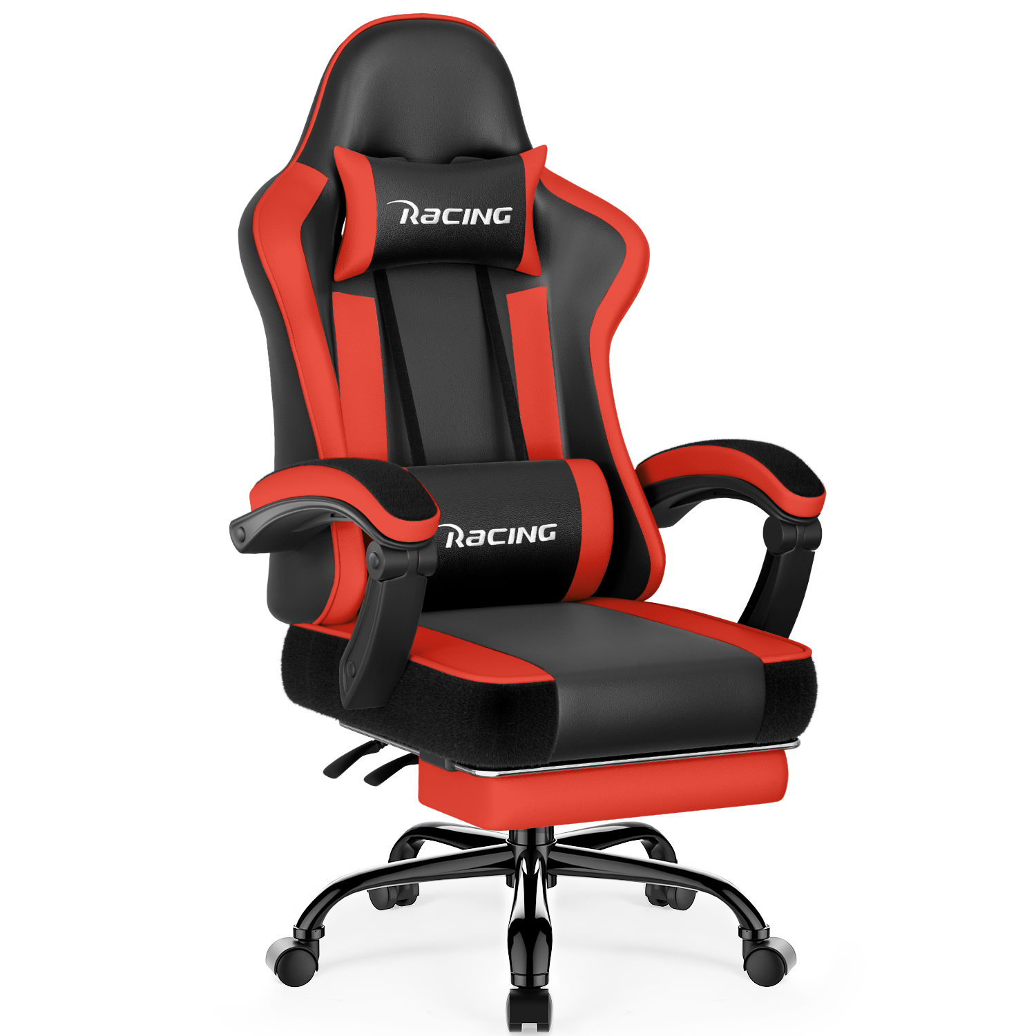 Ein schwarzer und roter Gaming-Stuhl mit Kopfstütze und Lendenkissen.