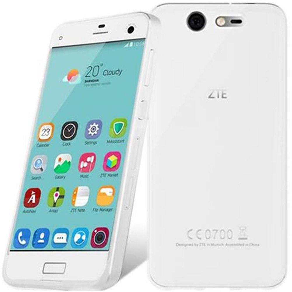 Weißes ZTE-Smartphone, Vorderseite zeigt Apps und Wetter. Rückseite hat ZTE-Logo und CE-Zeichen.