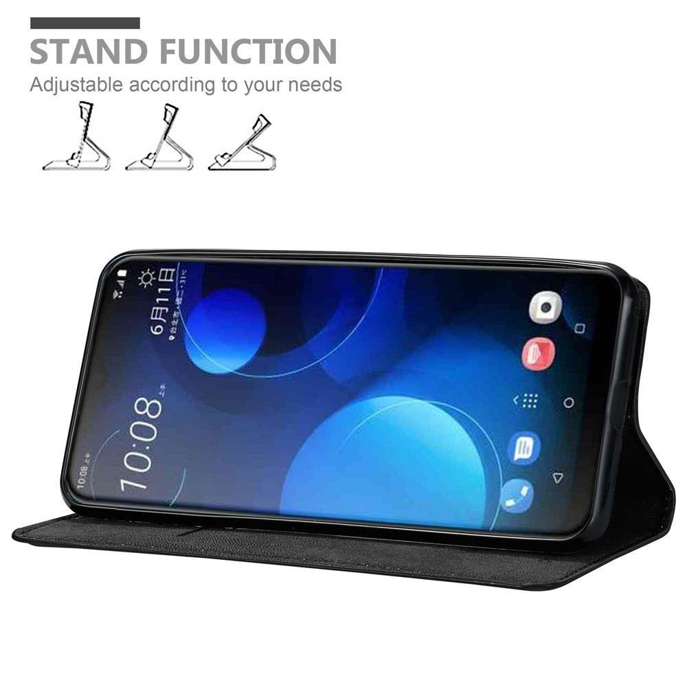 Uno smartphone in custodia nera mostra le 10:08, con funzione stand illustrata.
