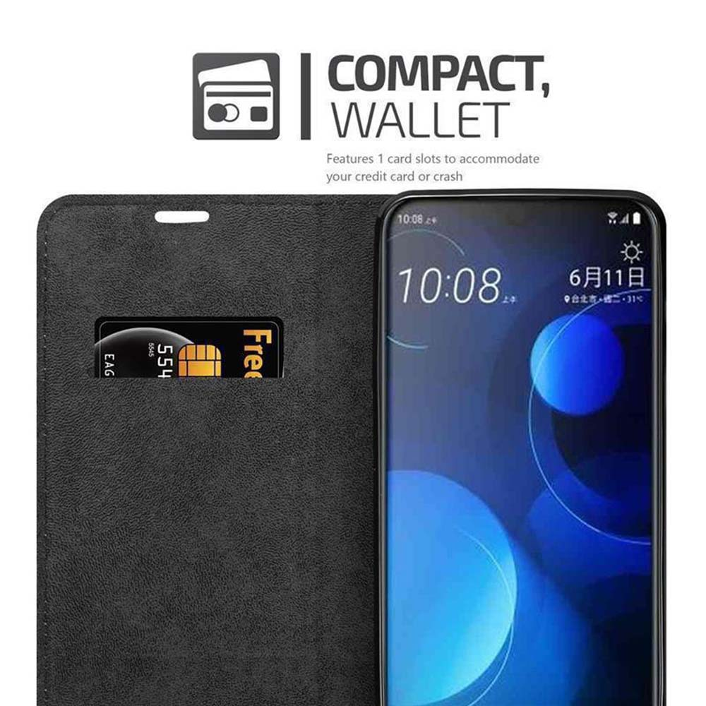 Portafoglio nero con porta carte e schermo del telefono. Testo: COMPACT, WALLET.