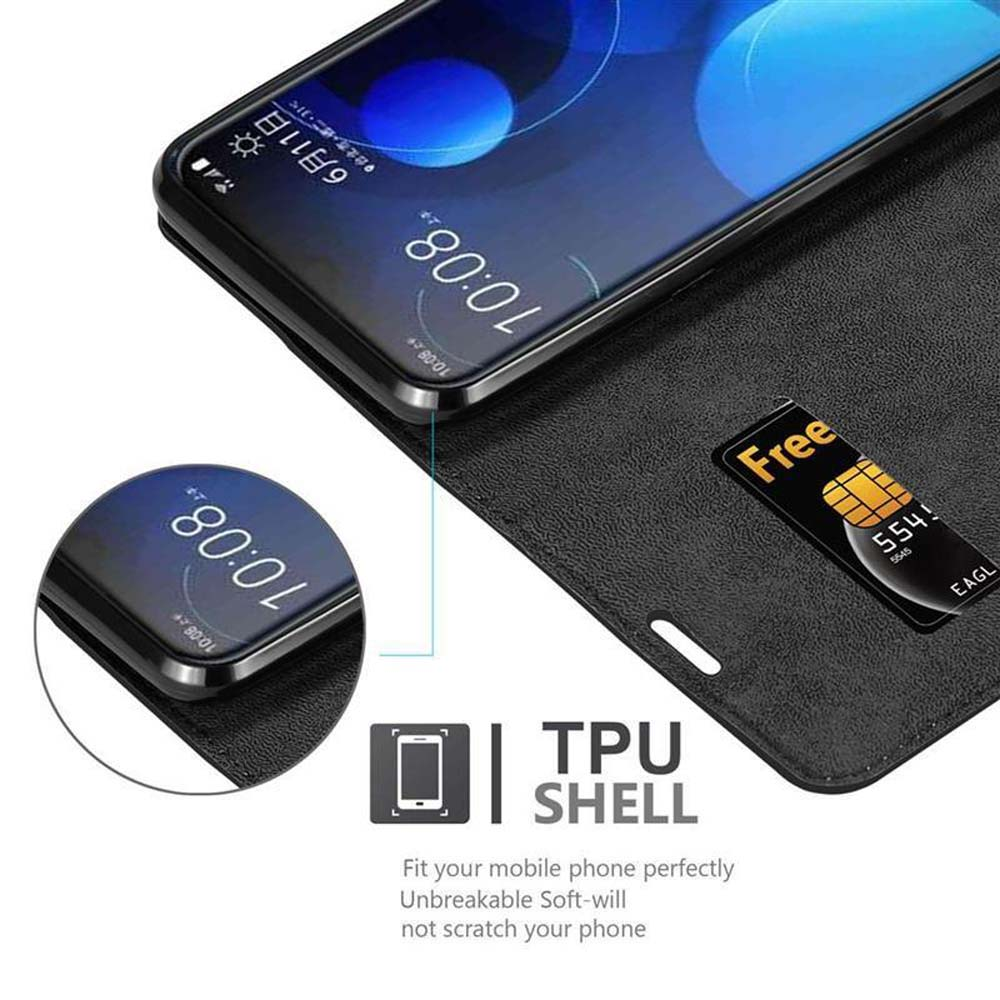 Custodia a libro nera per telefono con SIM card e display del telefono.