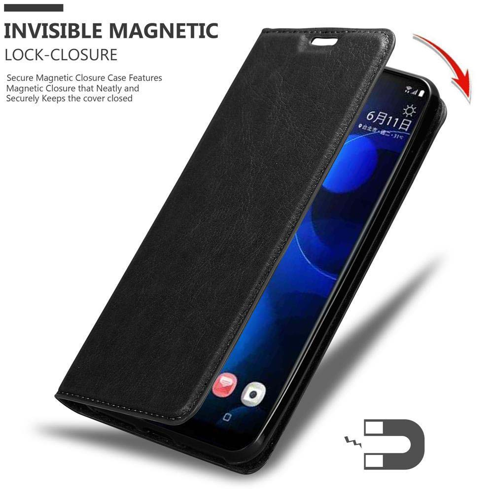 Custodia in pelle nera a libro su smartphone. Mostra data e meteo. Simbolo chiusura magnetica.
