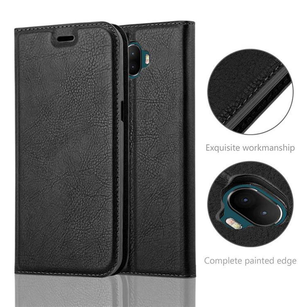 Schwarzes Lederetui für ein Smartphone mit Nahaufnahmen von Details.