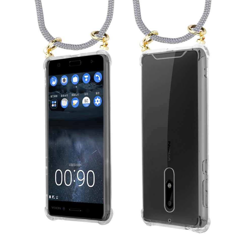 Ein durchsichtiger Handykoffer mit einem Nokia-Telefon und einer Schnur.