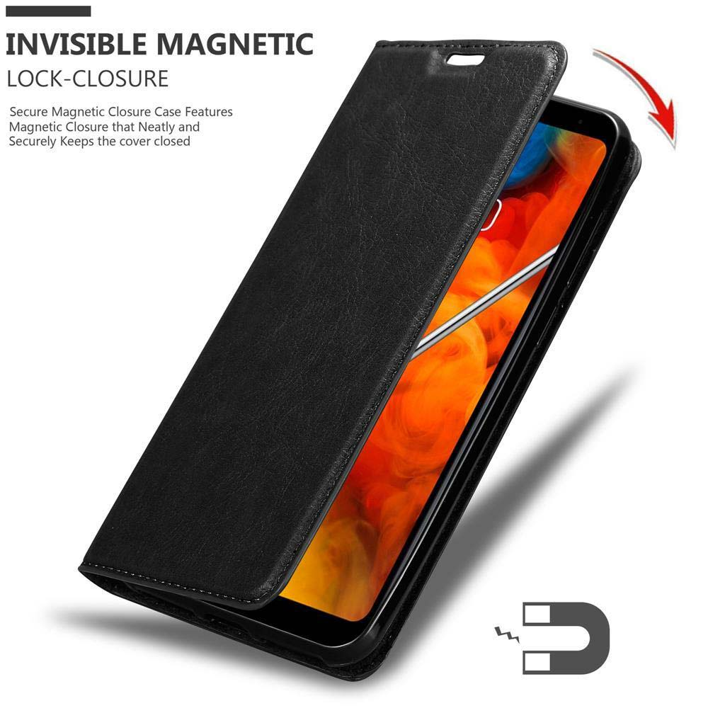 Custodia nera per telefono con chiusura magnetica, che mostra uno schermo.