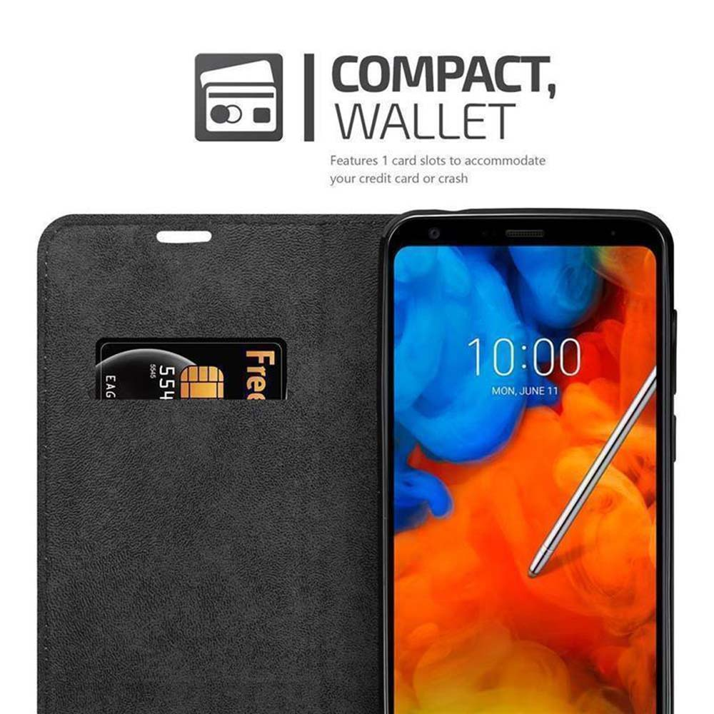 Custodia a portafoglio nera con uno slot per carte, mostra un telefono con sfondo colorato.