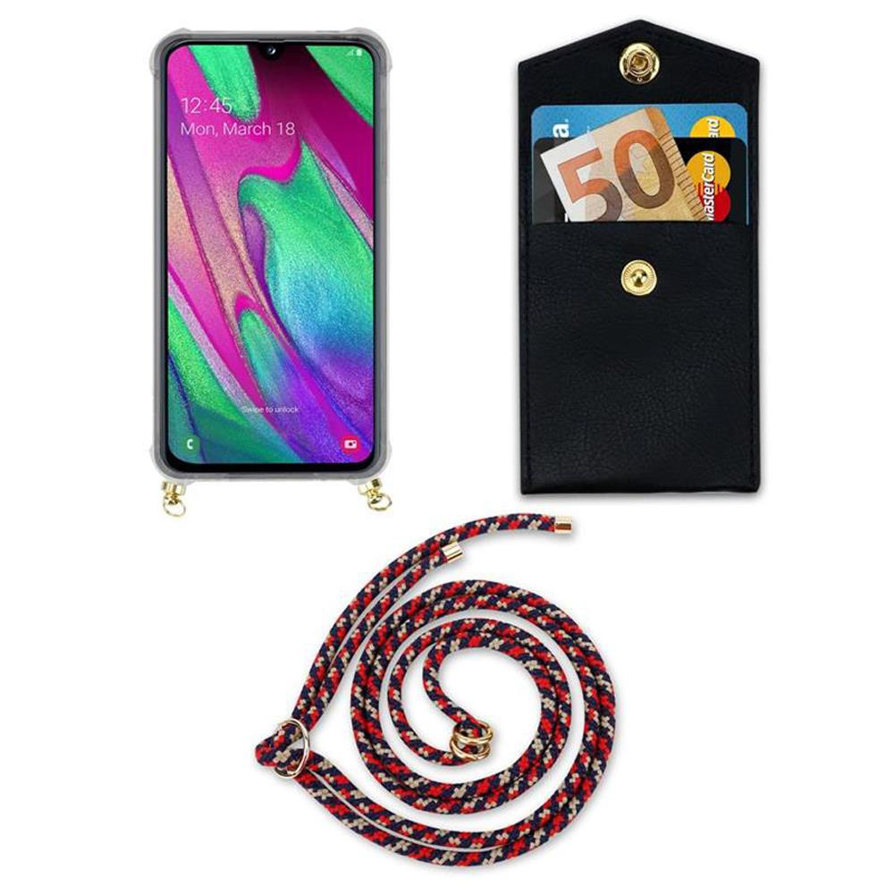 Uno smartphone con sfondo sfumato, una tasca nera con soldi e carte, e un cordino.